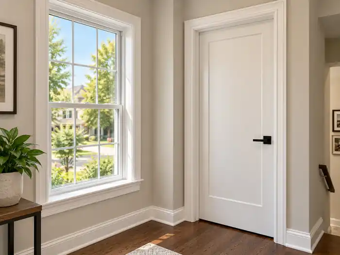 Finished interior door and window trim in a bright home