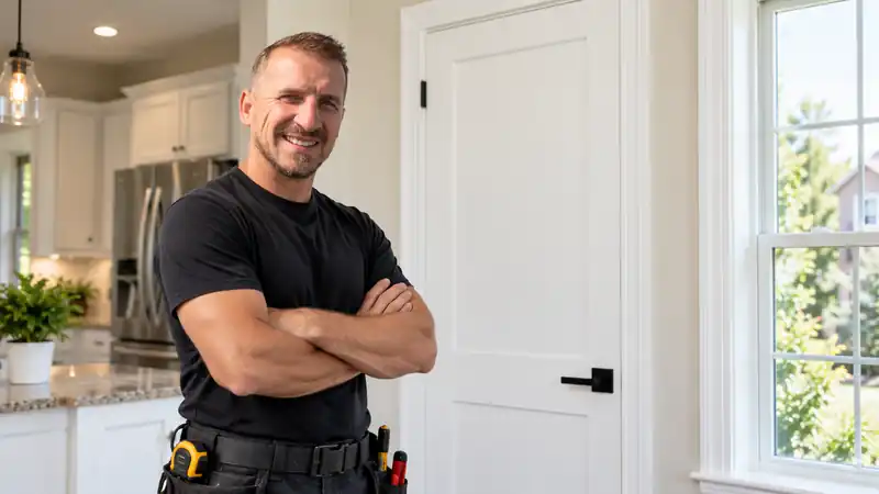 Golden Lion handyman in a bright home interior beside a finished interior door and window