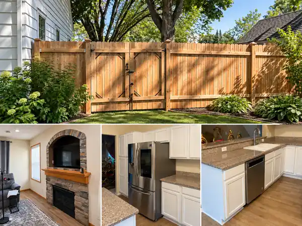 Home improvement project examples including a wood fence, fireplace TV area, and kitchen work